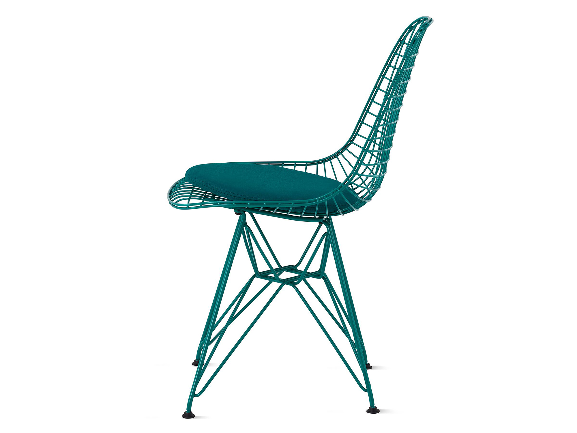 Mint green wire upholstered chair with wire base side view